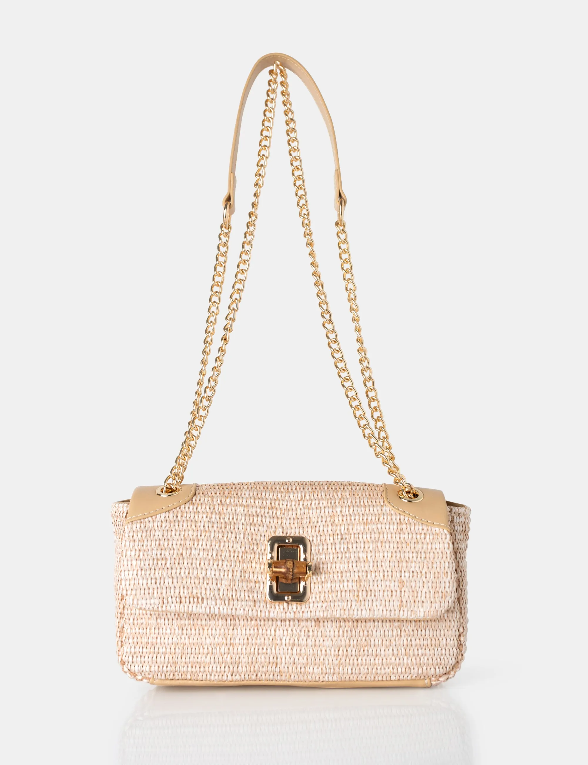 The Mara Natural Raffia Gold Chain Detail Adjustable Shoulder Bag sold by Public Desire