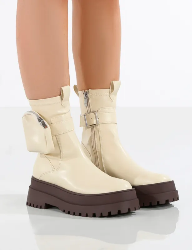 Amber x Public Desire Thought Ecru PU Chocolate Chunky Sole Ankle Boot sold by Public Desire