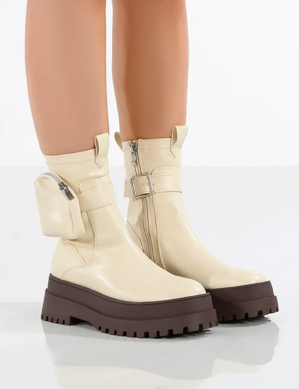 Amber x Public Desire Thought Ecru PU Chocolate Chunky Sole Ankle Boot sold by Public Desire