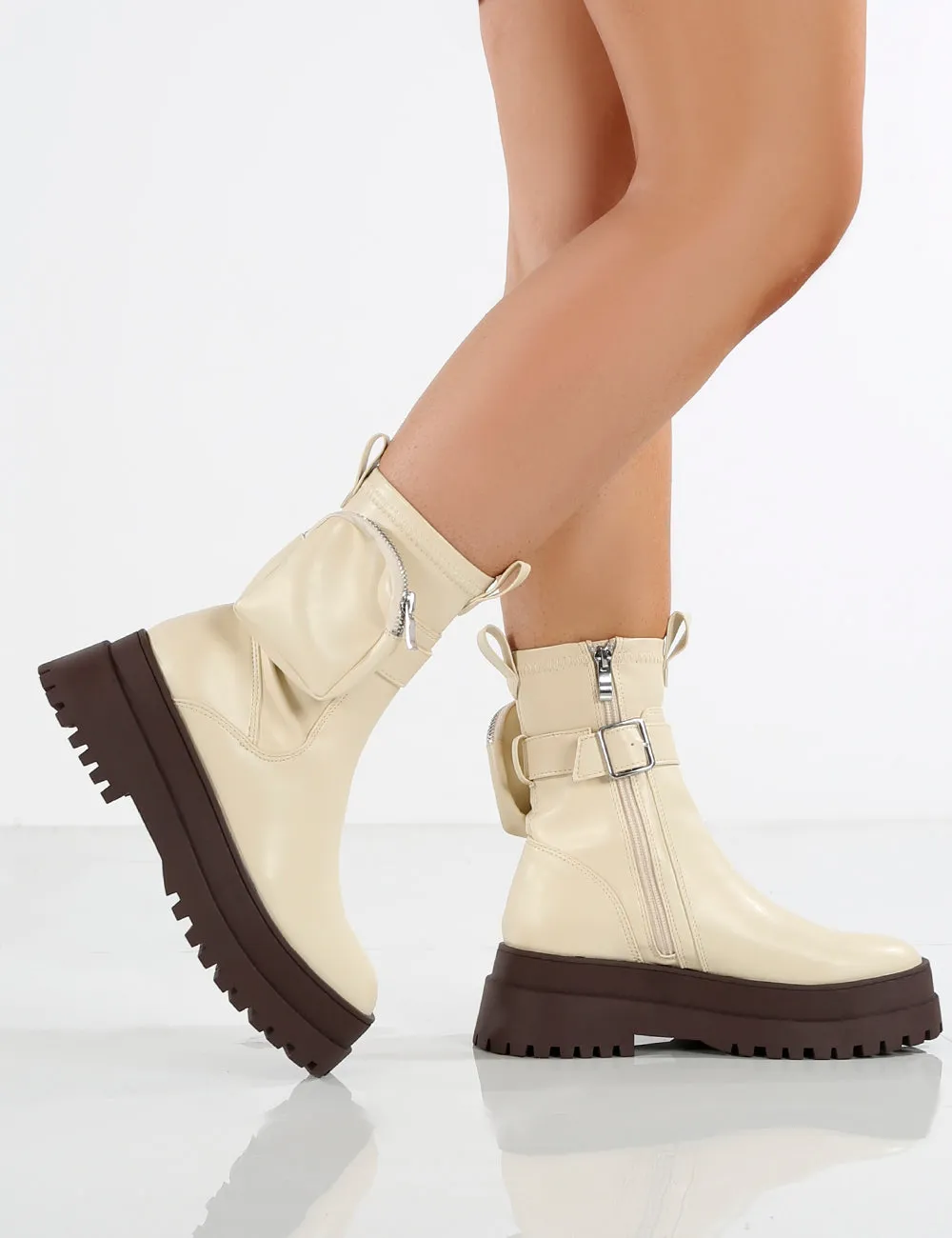 Amber x Public Desire Thought Ecru PU Chocolate Chunky Sole Ankle Boot sold by Public Desire product image thumbnail 4
