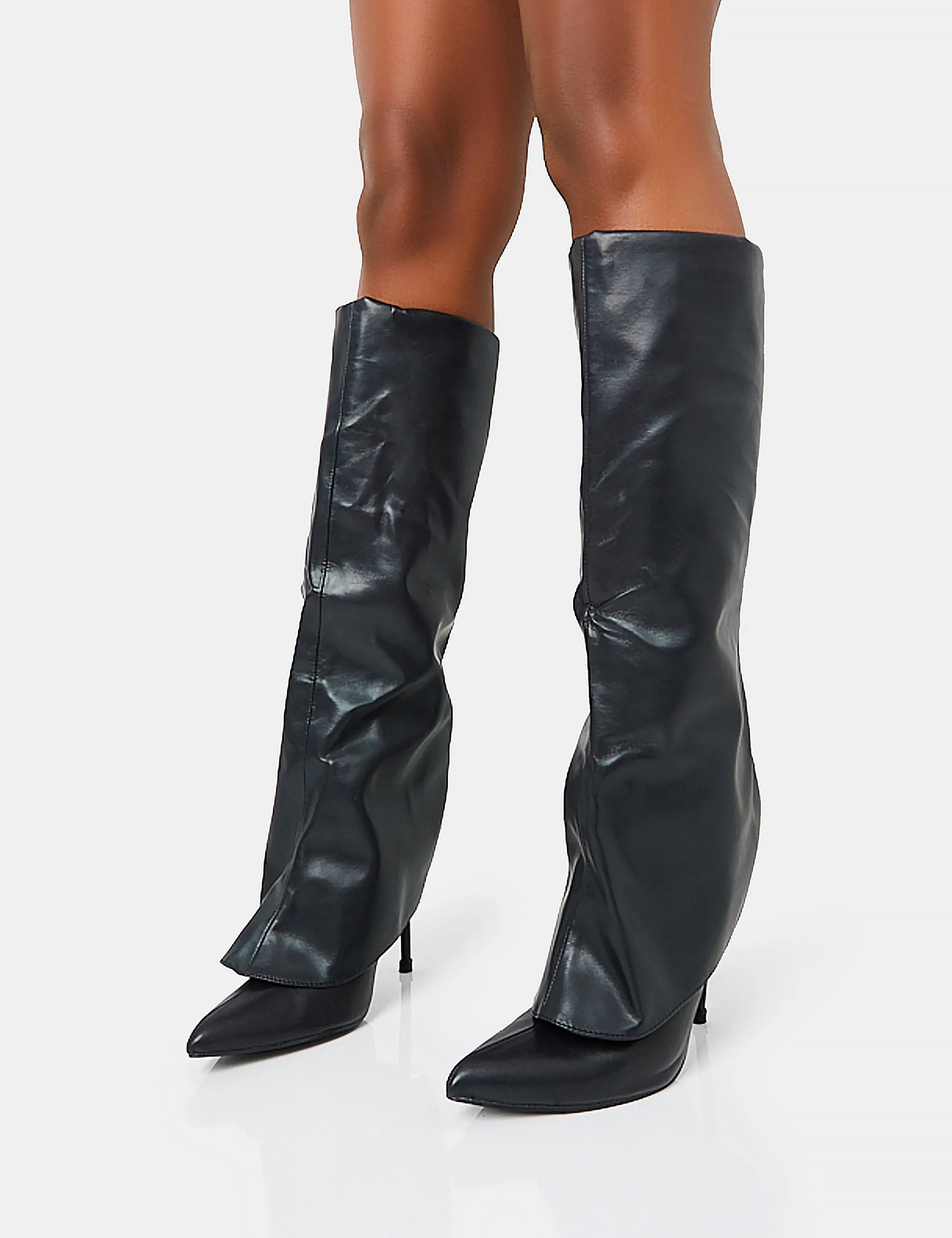 All Yours Black Pu Fold Over Pointed Toe Stiletto Knee High Boots sold by Public Desire product image thumbnail 3