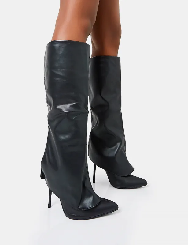 All Yours Black Pu Fold Over Pointed Toe Stiletto Knee High Boots sold by Public Desire