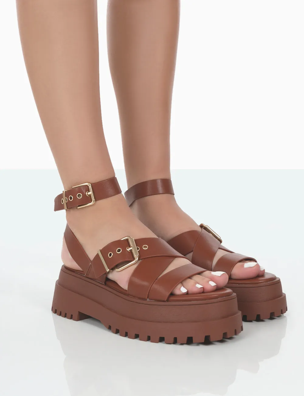 Follow Tan PU Chunky Buckle Sandals sold by Public Desire