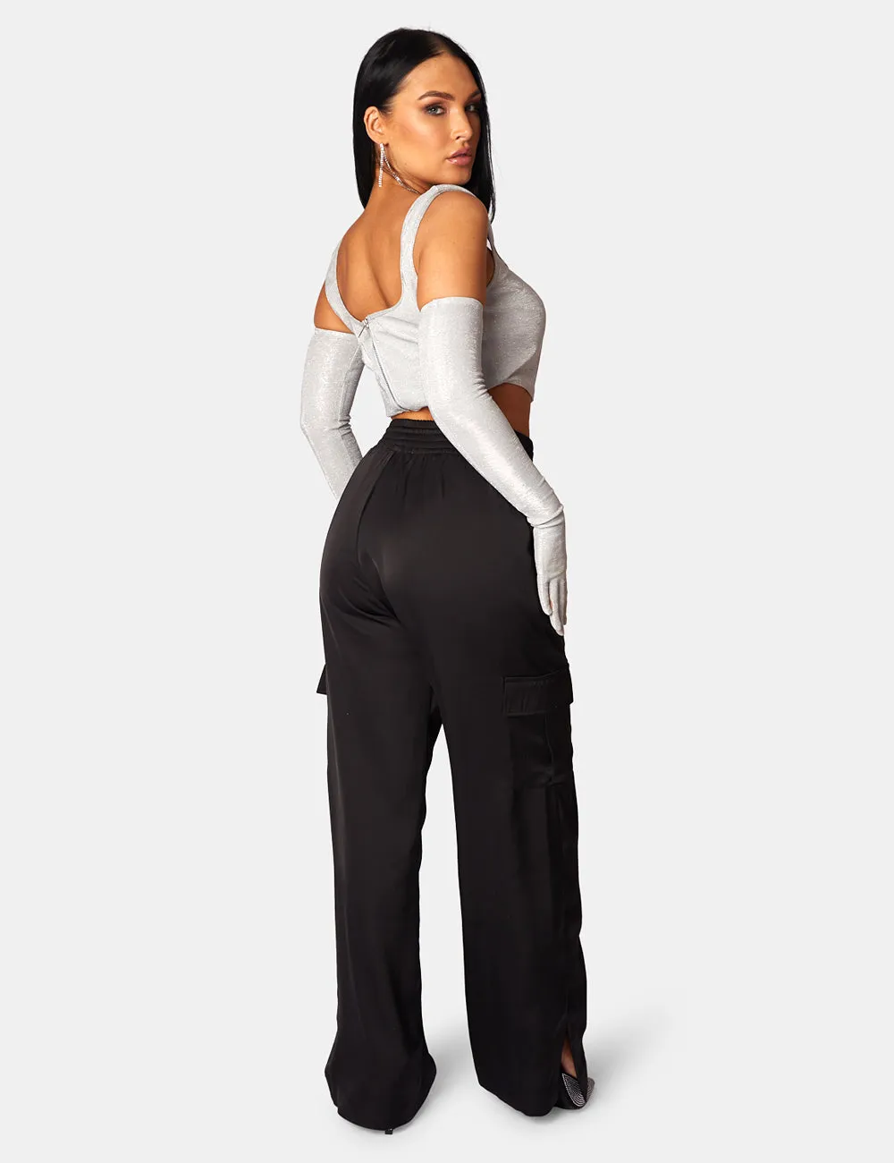 Split Hem Satin Elasticated Waist Wide Leg Cargo Trousers Black sold by Public Desire product image thumbnail 4