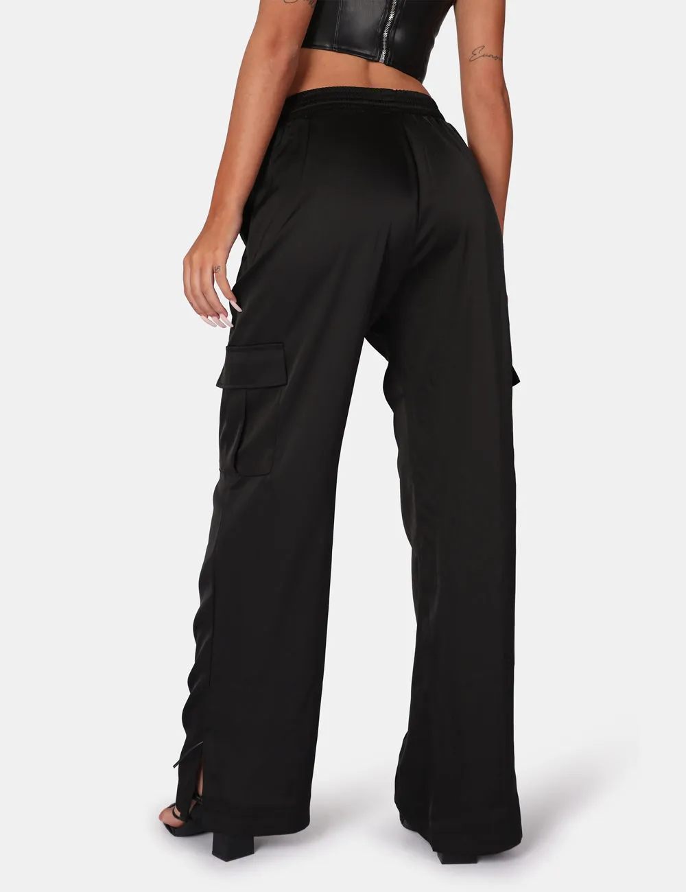 Split Hem Satin Elasticated Waist Wide Leg Cargo Trousers Black sold by Public Desire product image thumbnail 2