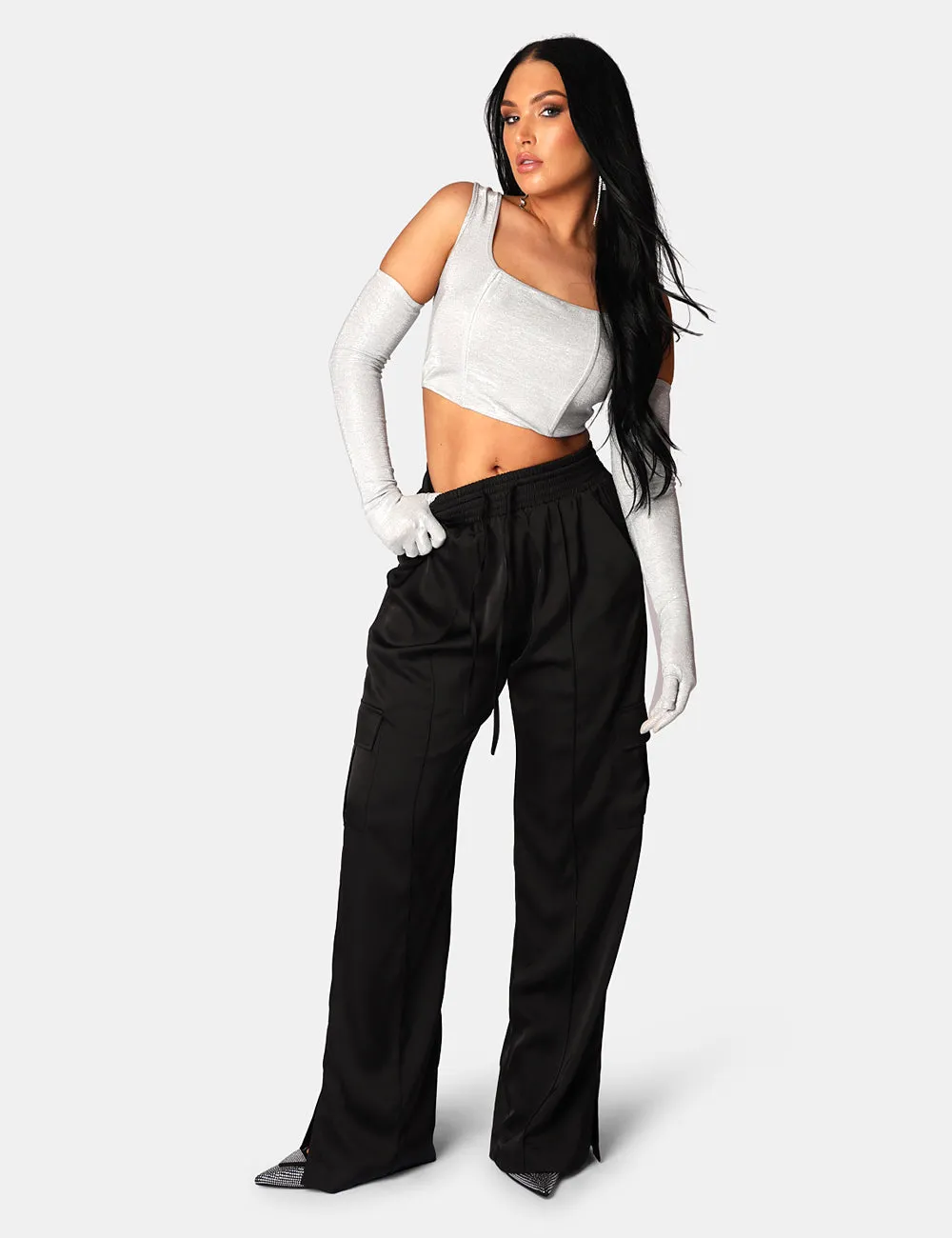 Split Hem Satin Elasticated Waist Wide Leg Cargo Trousers Black sold by Public Desire product image thumbnail 3