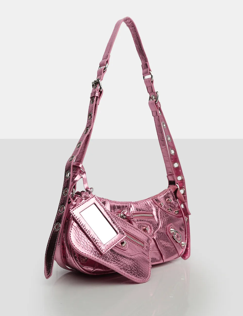 The Trackstar Metallic Pink Pu Studded Mirror Zip Detail Handbag sold by Public Desire product image thumbnail 3