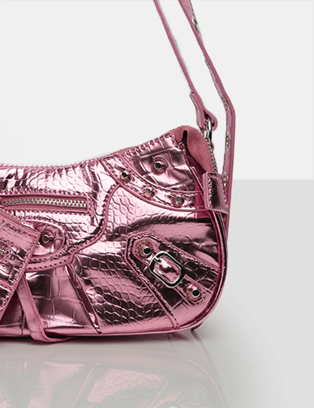 The Trackstar Metallic Pink Pu Studded Mirror Zip Detail Handbag sold by Public Desire product image thumbnail 4