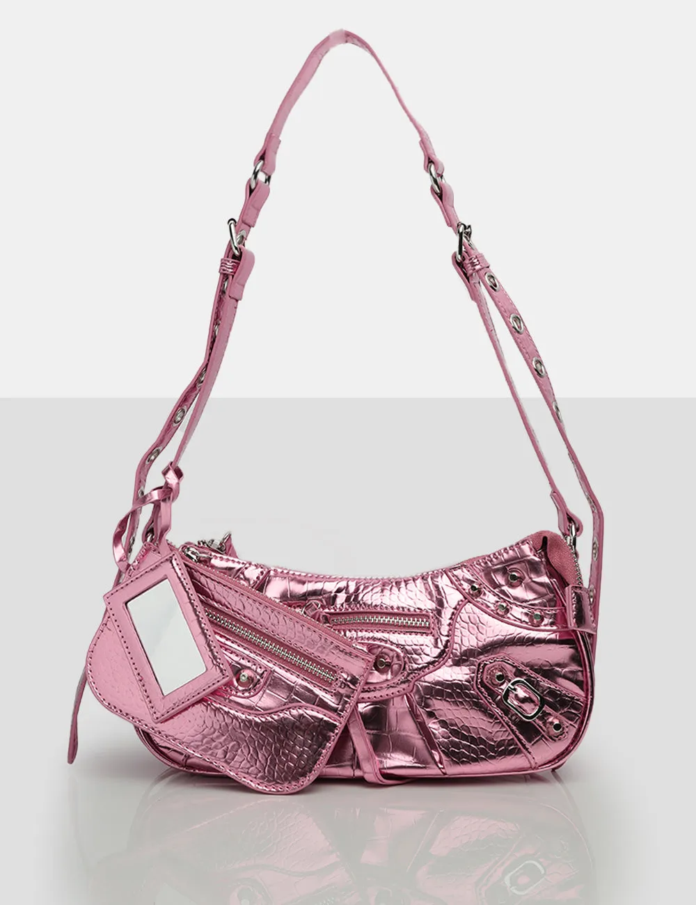 The Trackstar Metallic Pink Pu Studded Mirror Zip Detail Handbag sold by Public Desire