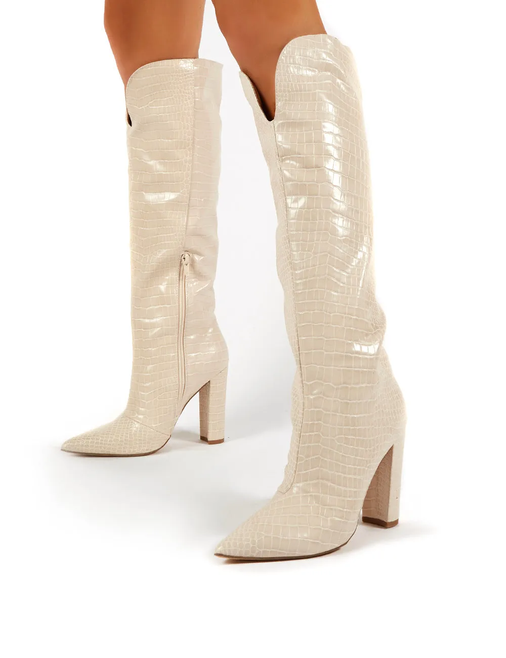 Slow Nude Croc Knee High Block Heel Boots sold by Public Desire product image thumbnail 3