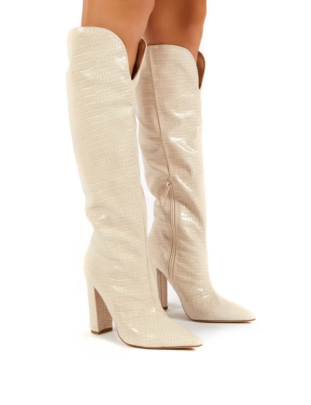 Slow Nude Croc Knee High Block Heel Boots sold by Public Desire