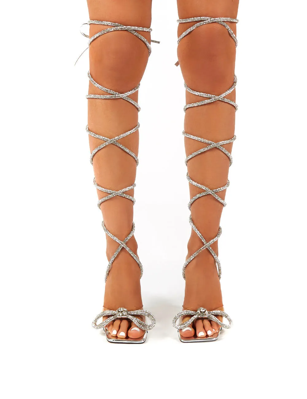 Queenie Silver Lace up Diamante Bow Square Toe Heels sold by Public Desire product image thumbnail 4