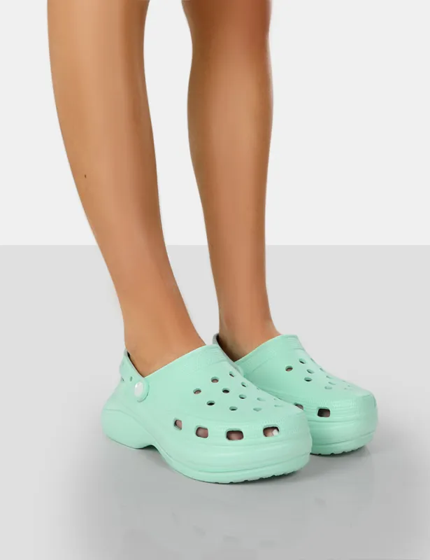 Vista Mint Green Rubber Platform Clog Sandals sold by Public Desire