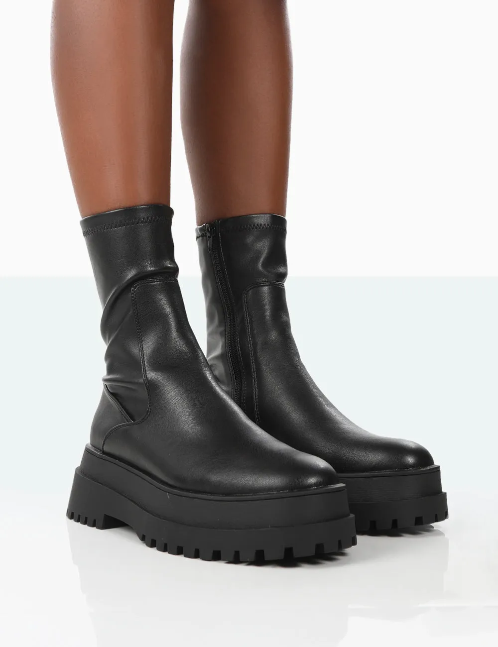 Rusty Black Pu Chunky Sole Platform Sock Ankle Boots sold by Public Desire