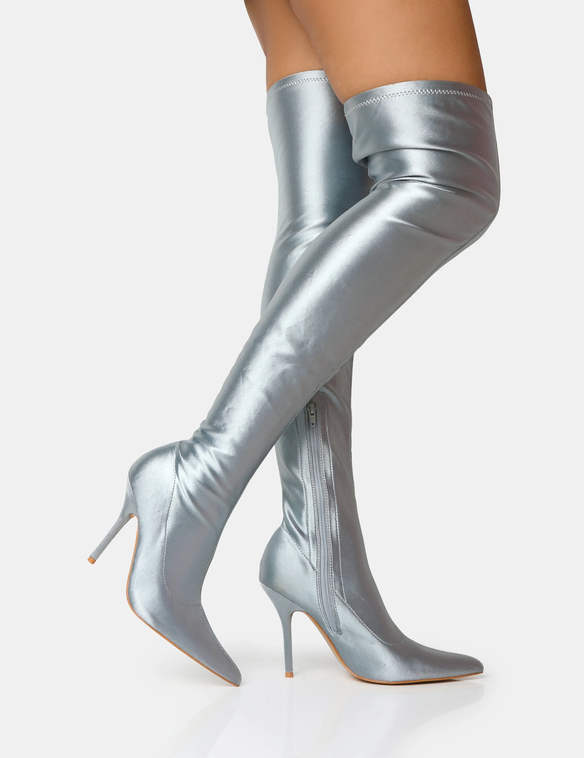 Instinct Silver Lycra Pointed Toe Stiletto Over The Knee Boots sold by Public Desire product image thumbnail 4