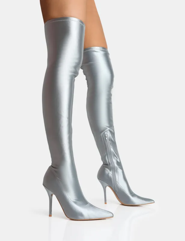 Instinct Silver Lycra Pointed Toe Stiletto Over The Knee Boots sold by Public Desire