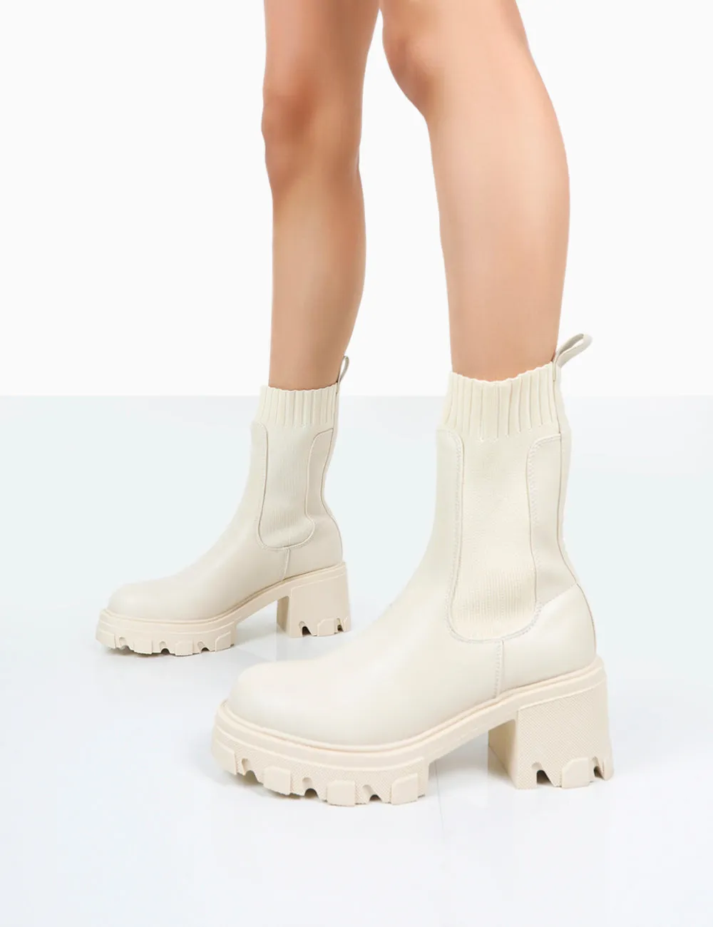 Everdeen Ecru PU And Knit Chunky Heeled Platform Sock Ankle Boots sold by Public Desire product image thumbnail 3
