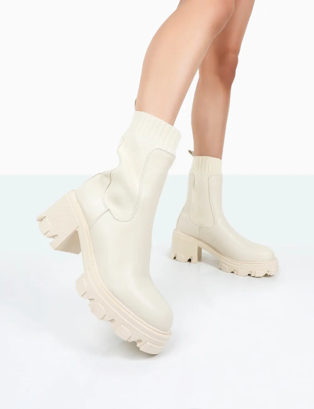 Everdeen Ecru PU And Knit Chunky Heeled Platform Sock Ankle Boots sold by Public Desire