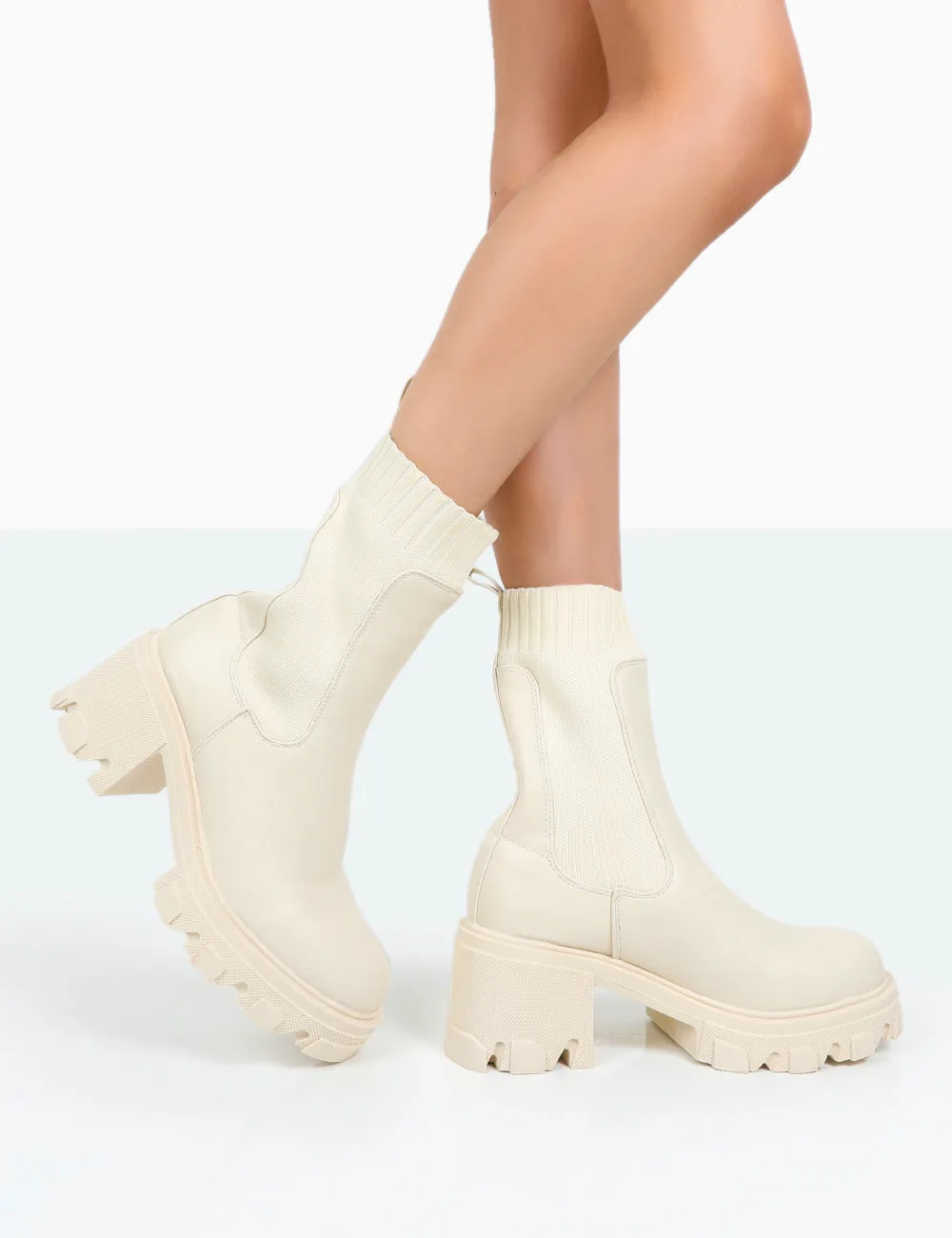 Everdeen Ecru PU And Knit Chunky Heeled Platform Sock Ankle Boots sold by Public Desire product image thumbnail 2