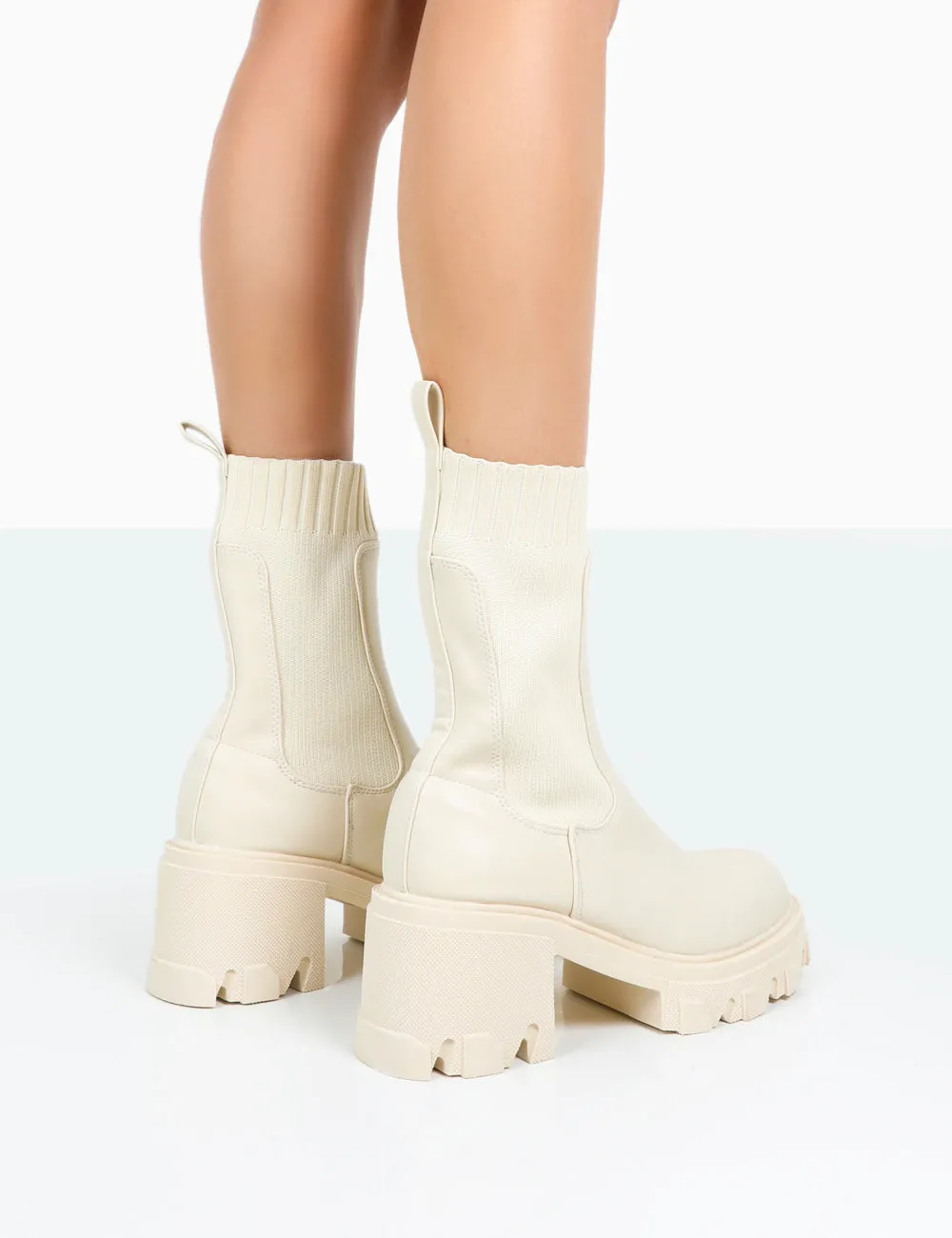Everdeen Ecru PU And Knit Chunky Heeled Platform Sock Ankle Boots sold by Public Desire product image thumbnail 4