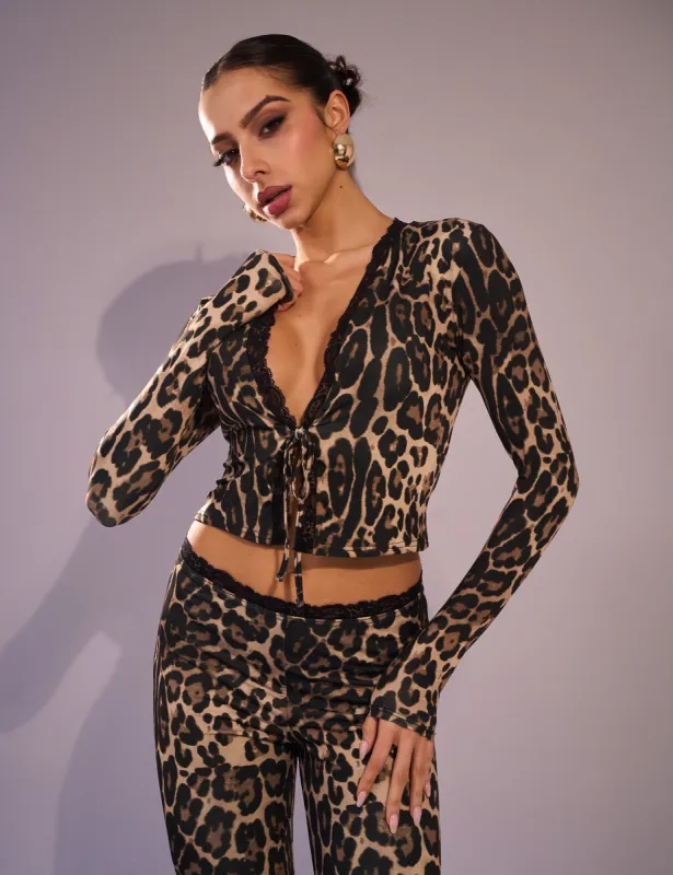 Lace Trim Tie Up Cardigan Top Leopard sold by Public Desire