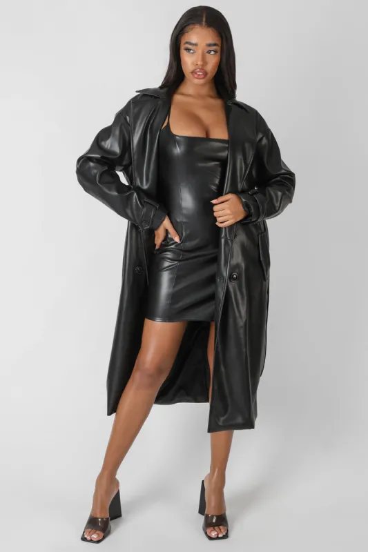 Longline Pu Belted Trench Coat Black sold by Public Desire