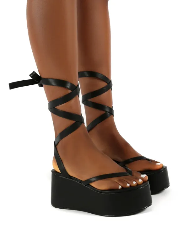 Amber x Public Desire Geisha Black PU Tie Up Thong Strap Flatform Sandals sold by Public Desire