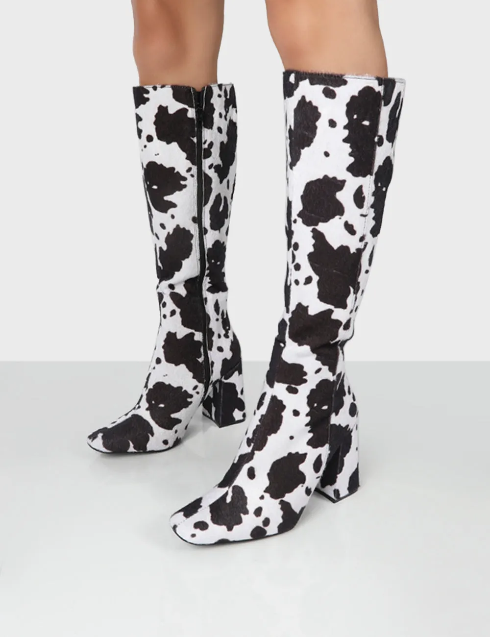 Apology Mono Cow Print Knee High Block Heel Boots sold by Public Desire product image thumbnail 3