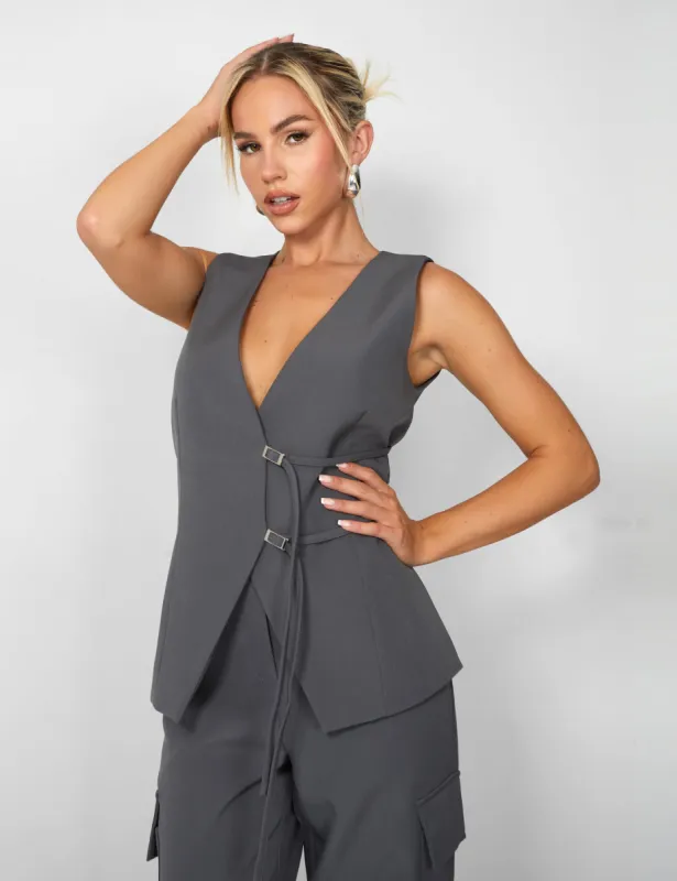 Kaiia Strap Detail Waistcoat in Charcoal Grey sold by Public Desire