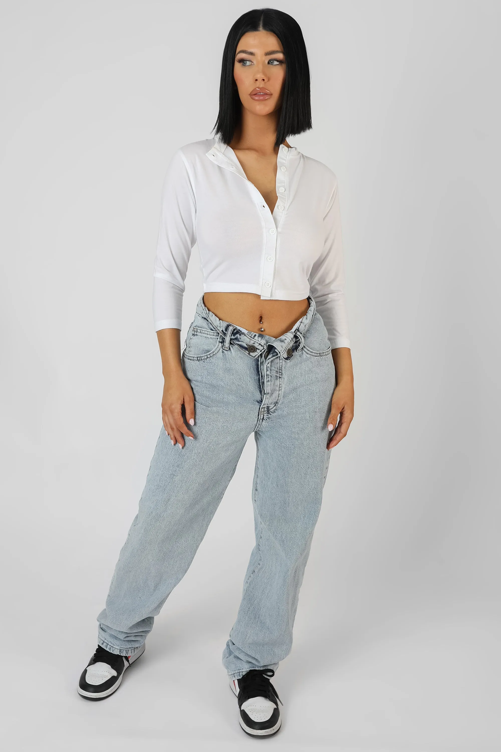 Button Front Long Sleeve Crop Top White sold by Public Desire