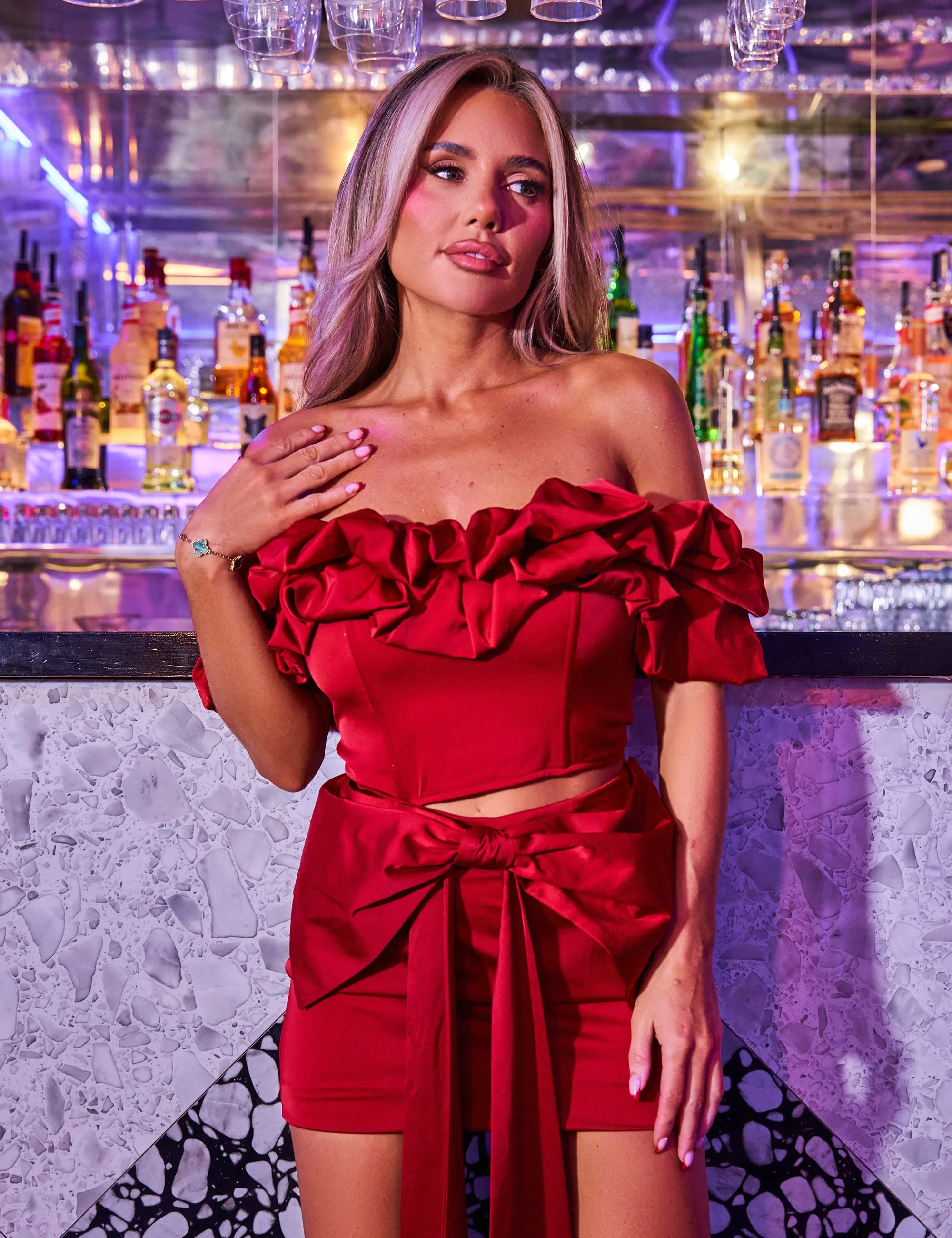 Kaiia Ruffle Bardot Top Co-ord in Red sold by Public Desire