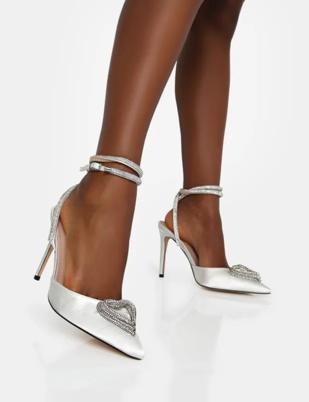 Cupid Off White Satin Diamante Heart Wrap Around Court Stiletto Heels sold by Public Desire