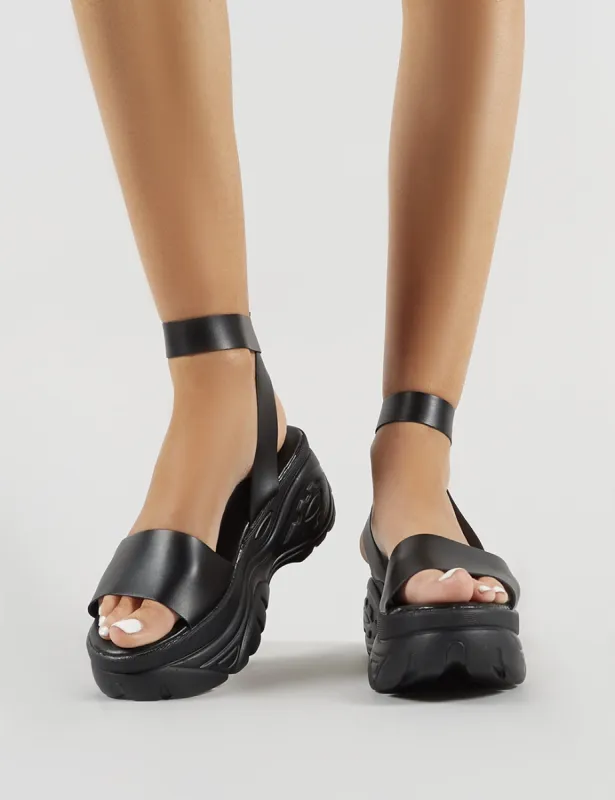 Perrie Chunky Sandals in Black PU sold by Public Desire