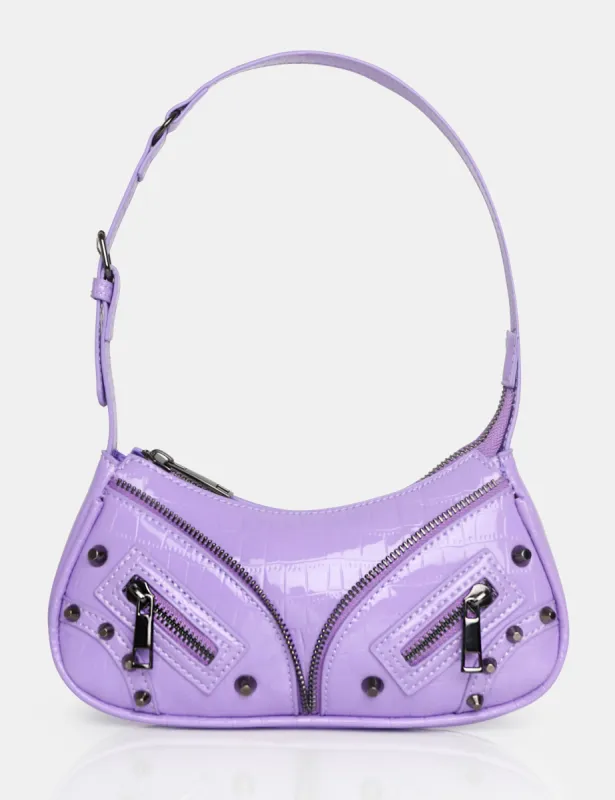 The Candice Zip Detailed Lilac Croc Shoulder Bag sold by Public Desire