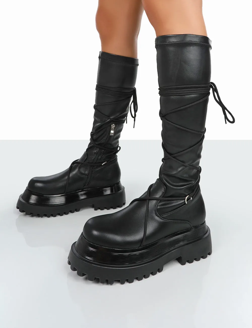 Hype Black Pu Lace up Chunky Sole Knee High Boots sold by Public Desire product image thumbnail 3