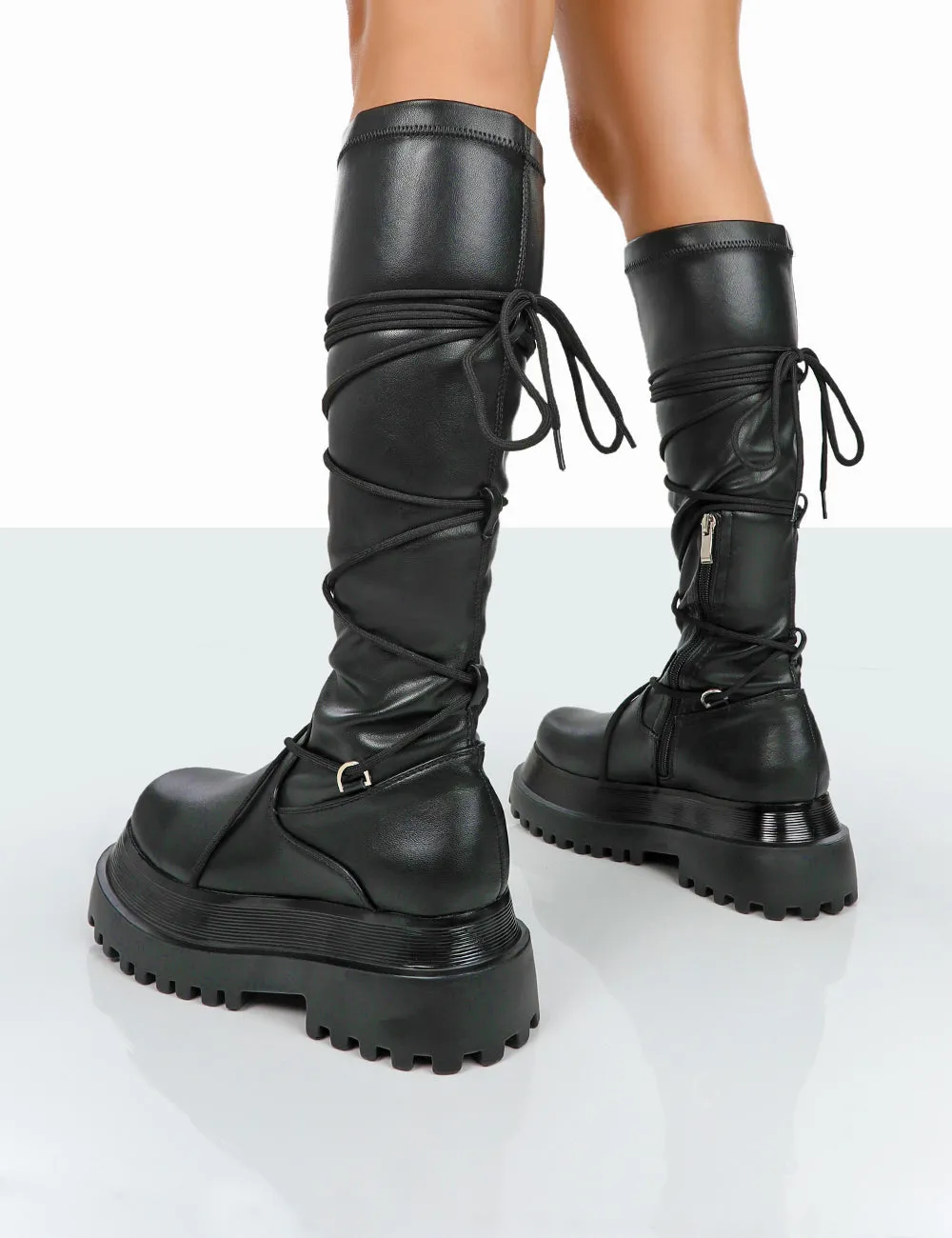 Hype Black Pu Lace up Chunky Sole Knee High Boots sold by Public Desire product image thumbnail 2