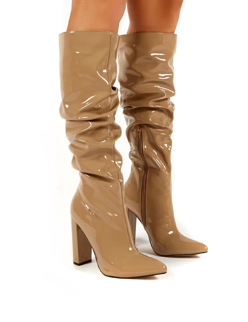 Yours Camel Patent Heeled Knee High Block Boots sold by Public Desire