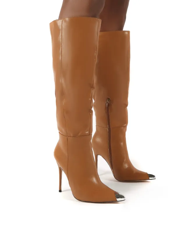 Forgive Tan Pu Wide Fit Heeled Knee High Boots sold by Public Desire