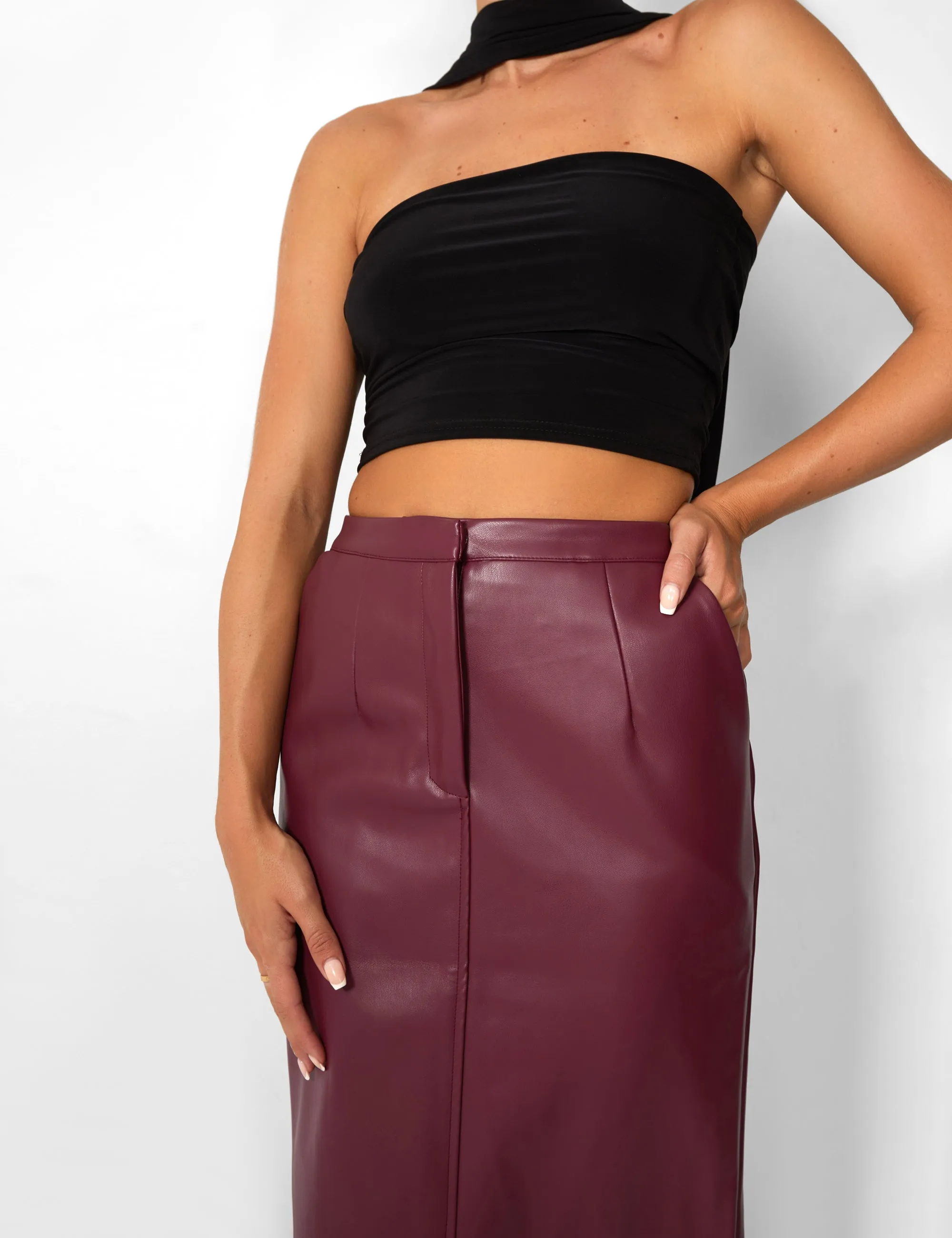 Kaiia Leather Look Maxi Skirt in Burgundy sold by Public Desire product image thumbnail 5
