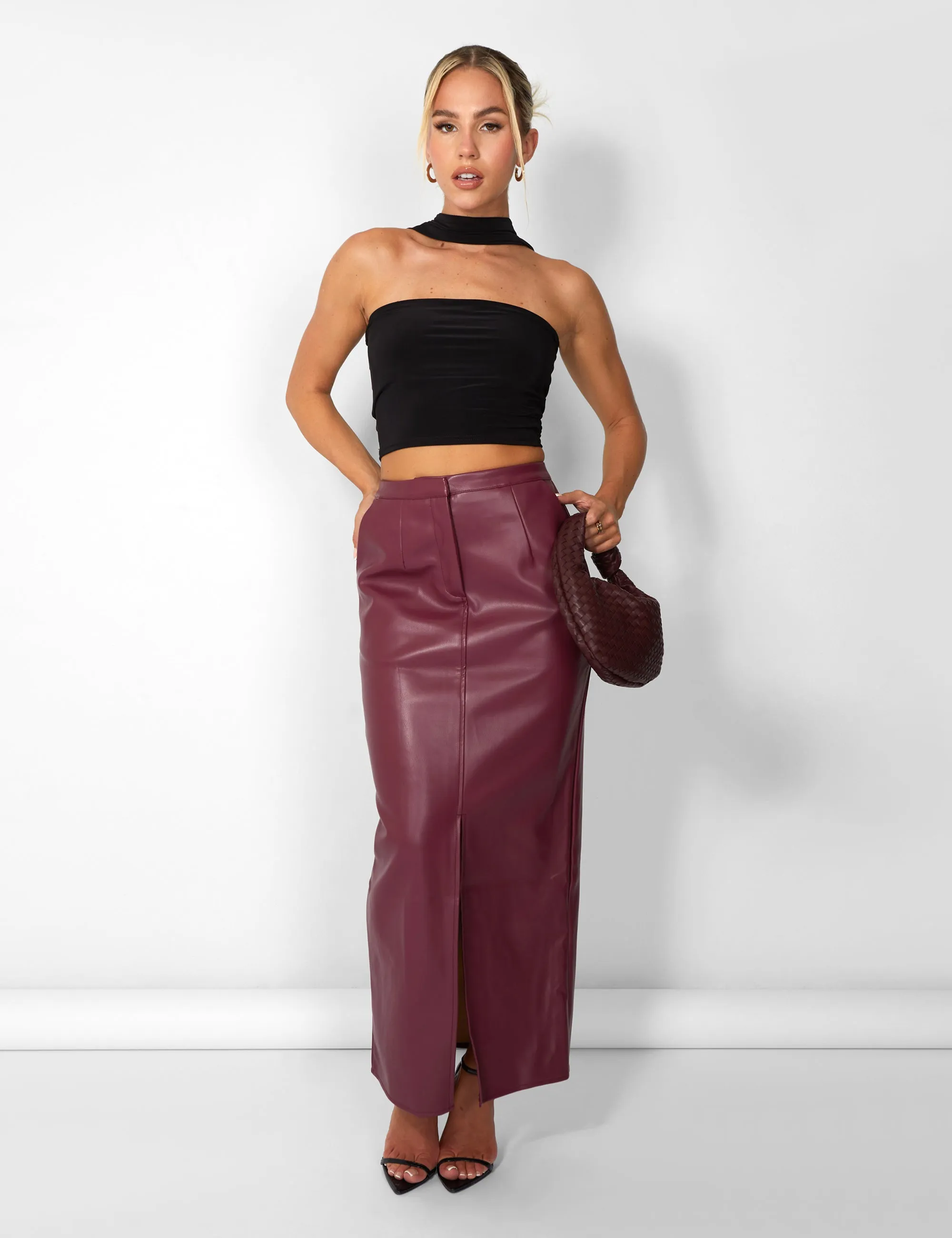 Kaiia Leather Look Maxi Skirt in Burgundy sold by Public Desire product image thumbnail 2