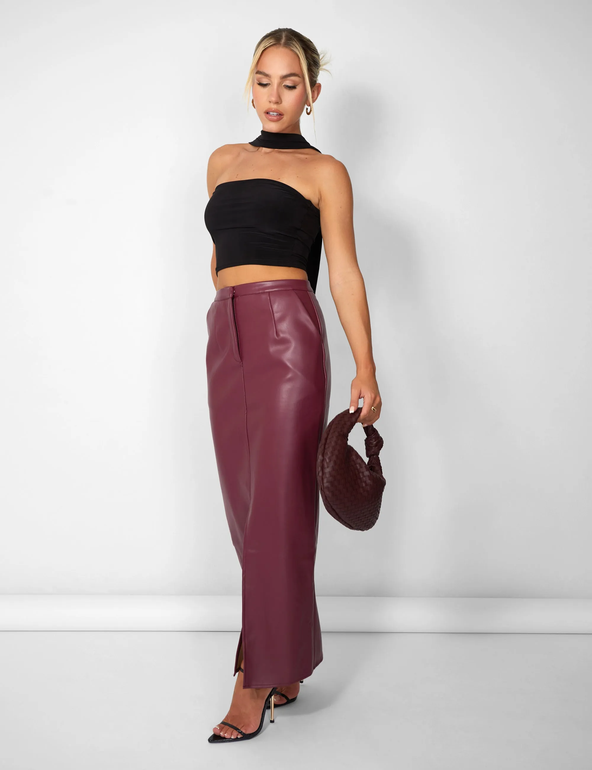 Kaiia Leather Look Maxi Skirt in Burgundy sold by Public Desire product image thumbnail 3