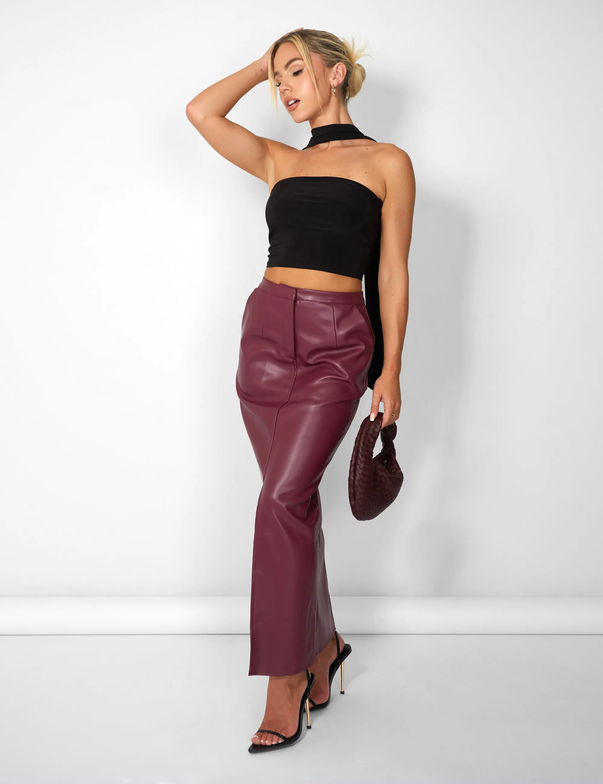 Kaiia Leather Look Maxi Skirt in Burgundy sold by Public Desire product image thumbnail 4