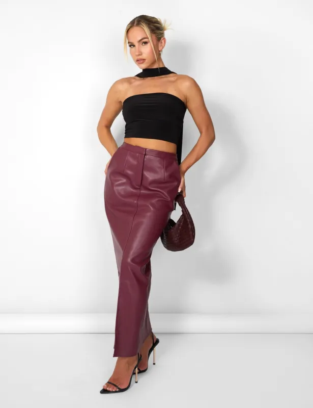 Kaiia Leather Look Maxi Skirt in Burgundy sold by Public Desire