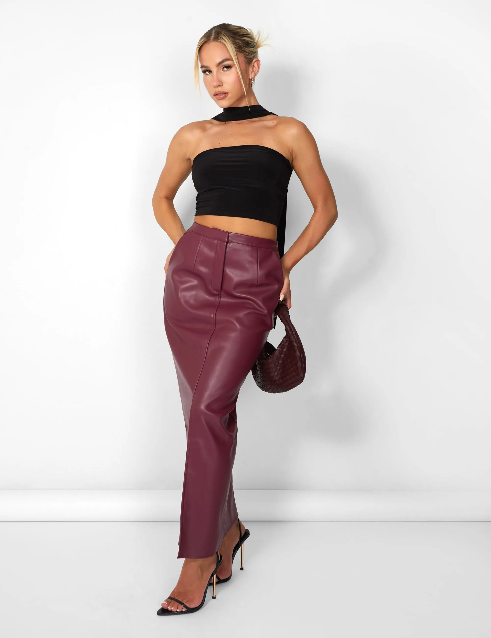 Kaiia Leather Look Maxi Skirt in Burgundy sold by Public Desire