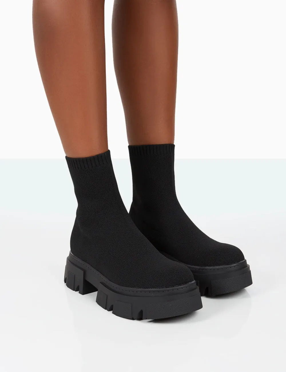 Nola Black Knit Platform Chunky Sole Ankle Boots sold by Public Desire
