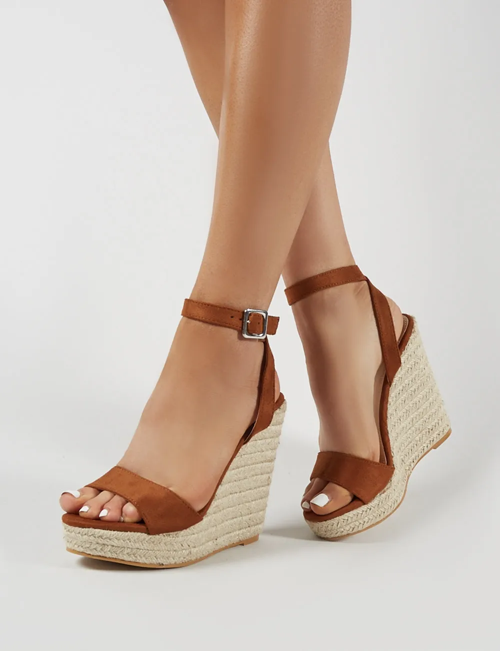 Sydney Espadrille Wedges in Tan Faux Suede sold by Public Desire