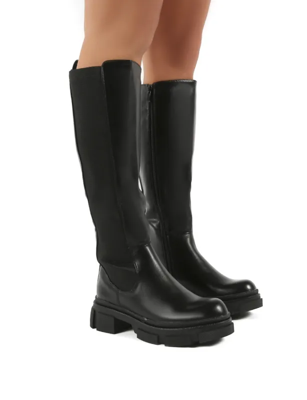 Action Black PU Knee High Chunky Sole Boots sold by Public Desire