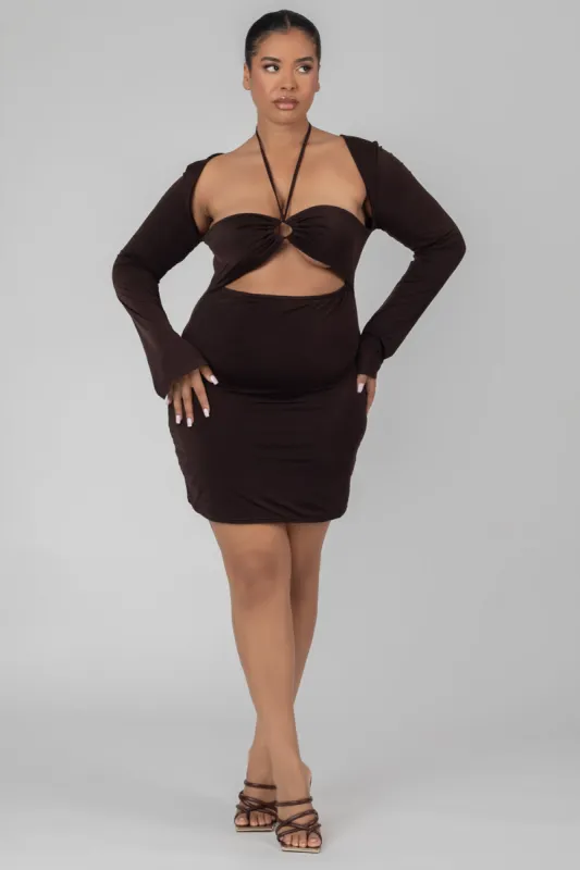 Curve Slinky Ruch Bust Cut Out Long Sleeved Dress Chocolate sold by Public Desire