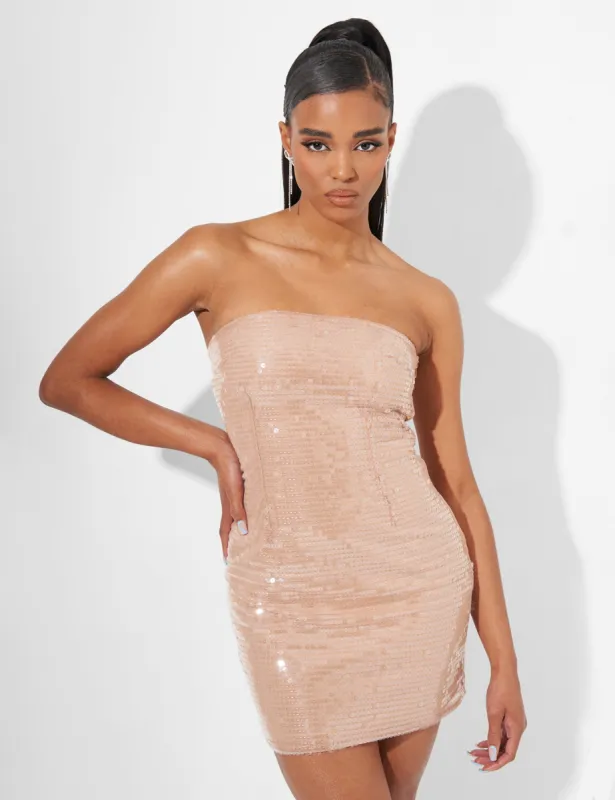 Sequin Bandeau Mini Dress Nude sold by Public Desire