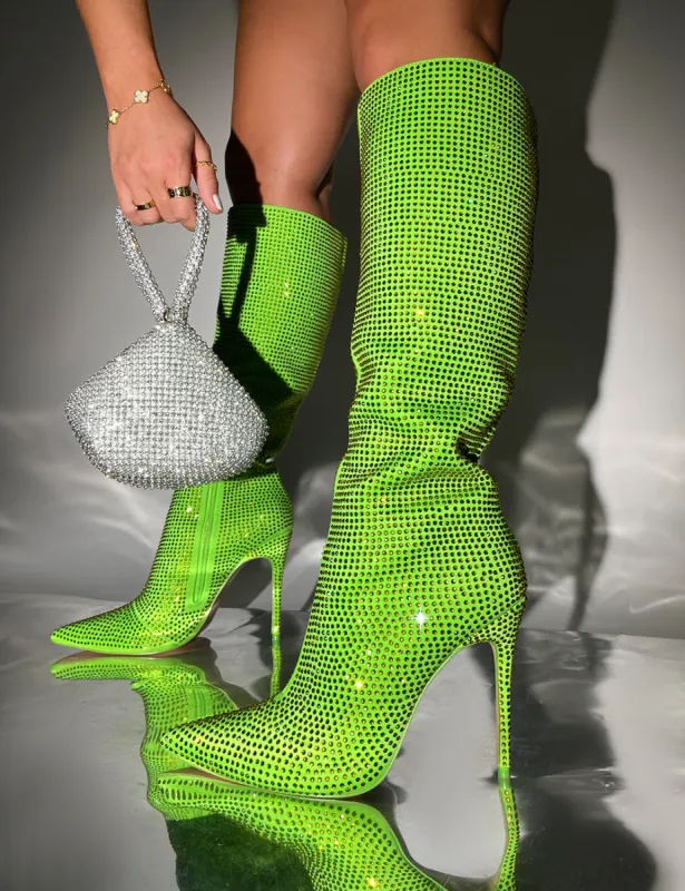 Lexi Green Diamantes Pointed Toe Stiletto Knee High Boots sold by Public Desire